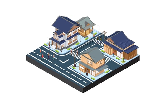 illustration of a traditional Japanese residential historical building, white background in isometric style vector
