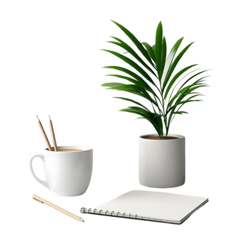 Coffee, Plant, and Notebook Ready for Your Creative Thoughts with Transparent Background png