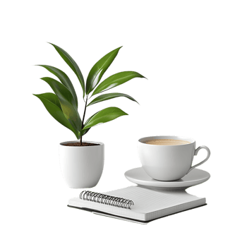 A Cup of Coffee, a Plant, and a Notebook Ready for Inspiration with Transparent Background png