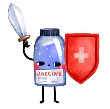 Vaccine with shield and sword. Cartoon hand drawn illustration on isolated background. png