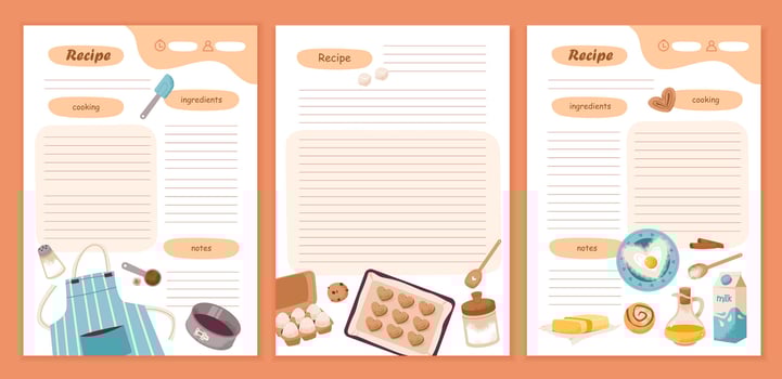 Template cookbook sheets for recipe, notes on cooking and ingredients. Recipe cards and meal planner. Flat illustration vector