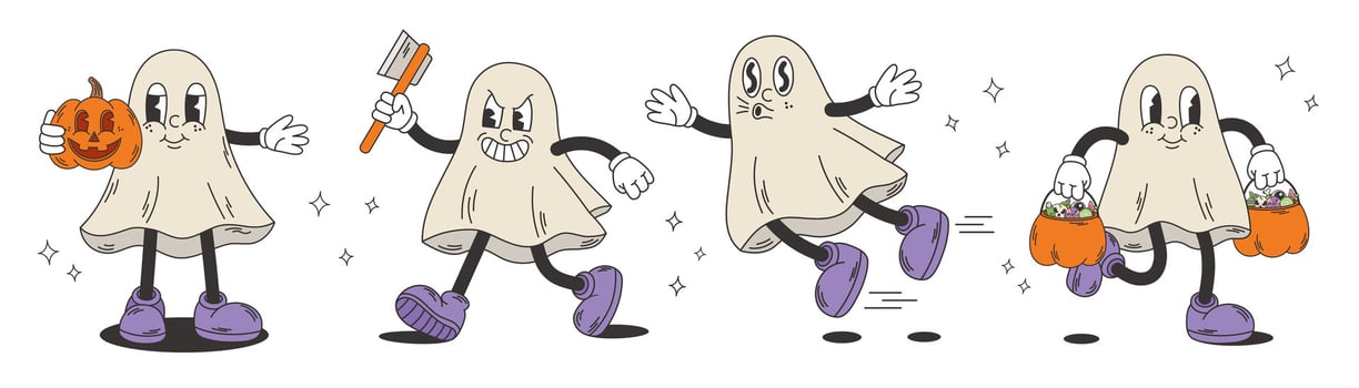 Cute creepy, scary, funny ghosts. Cartoon retro style characters. Halloween concept. vector