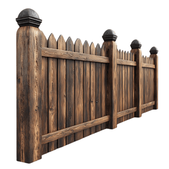Wooden Fence with Transparent Background, Rustic Picket Fence with Ornate Metal Finials, Isolated Fence for Design Projects png
