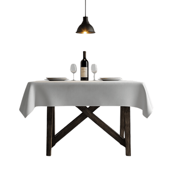 Romantic Dinner Table Setting with Transparent Background, Wine Bottle and Glasses,  Rustic Wooden Table and White Tablecloth png