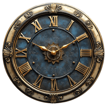 Antique Roman Numeral Clock with Golden Hands on Blue Background, Vintage Timepiece with Ornate Frame, Transparent Background png