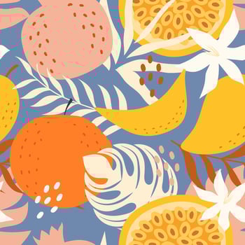Seamless pattern fruits and leaf. Orange, passion fruit, Banana, Pomegranate. vector