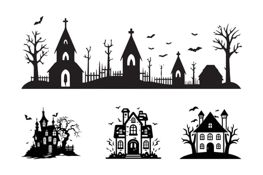Set of Black silhouettes of haunted houses with bats, Halloween design vector