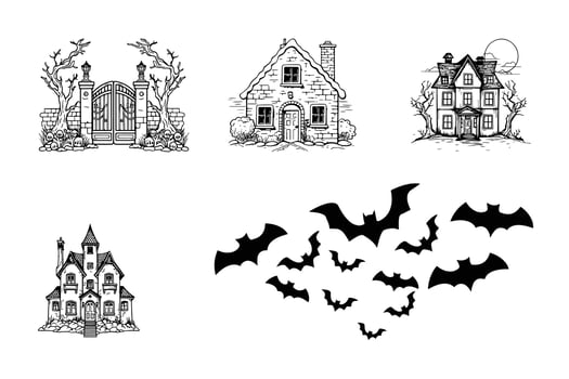 Set of Black silhouettes of haunted houses with bats. vector