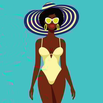 black woman wearing swimsuit, hat, earrings and sunglasses vector