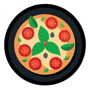 A pizza with tomatoes and basil on a black plate vector