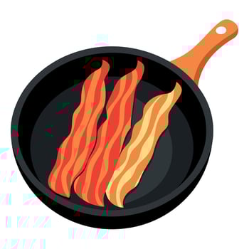 Crispy fried bacon strips on a black frying pan. vector