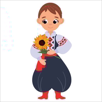 A boy in a national Ukrainian costume with flowers in his hands. vector
