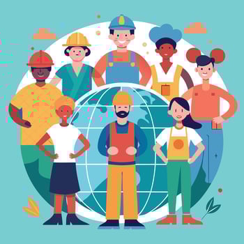 A vibrant flat design illustration celebrating Labor Day with a diverse group of workers and tool stratus Artwork vector