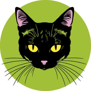Stylized cat face in a circle. Banner or logo for a website or cat fanciers club. illustration An eared black cat with yellow eyes looks at you seriously. Huge cat whiskers go beyond the circle vector
