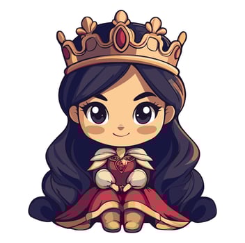 Smiling queen with long black hair wearing a golden crown and red gown cartoon vector