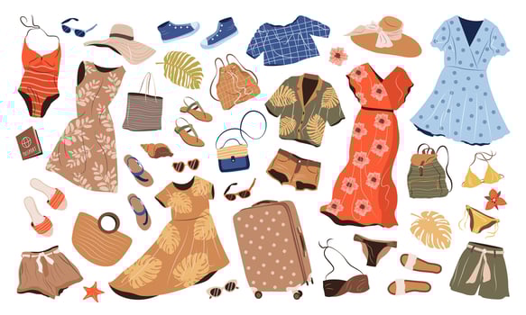 Clothing set in casual style for women. Fashion garments, accessories, swimwear, shoes, hats and bags for spring, summer and vacation. isolated flat illustrations on white background. vector