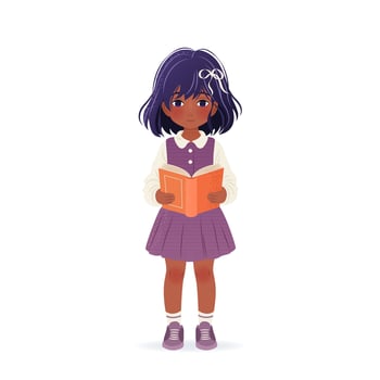 Cute little girl is holding book in her hands and reading it. isolated illustration on white background. Cartoon kid for educational designs, book club, world book day. Clip-art. vector