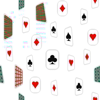 Red, black, golden suits of playing cards seamless pattern. Spades, crosses, diamonds, heart vector