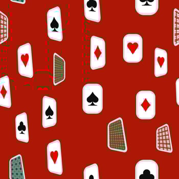 Red, black, golden suits of playing cards seamless pattern. Spades, crosses, diamonds, heart vector