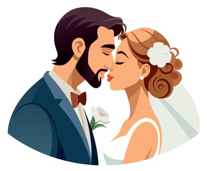Bride and groom sharing their first kiss as husband and wife vector
