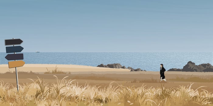 Seashore landscape with a woman walking on grass field in autumn season have direction sign pole at foreground graphic illustration. Coastline have blue sky background. vector