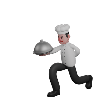 Cartoon of a Male Chef. A Chef is squatting while carrying a silver tray with a food cover. 3D Style png