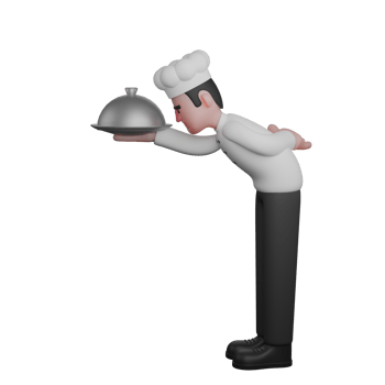Professional Chef Character. A chef is bowing politely while holding a tray with a silver food cover in his right hand. 3D Male Model png