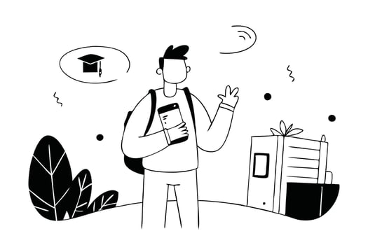 Hand drawn Male student standing outside campus, holding books, backpack and using phone. Looks to the side flat illustration. vector