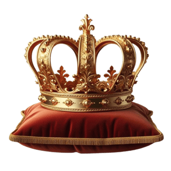 A golden crown sitting on top of a red pillow png