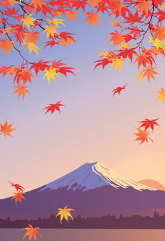 Autumn branches on the background of Mount Fuji. Mid-autumn is the time of leaf fall. The red leaves of the Japanese maple fall off, fluttering in the wind. illustration. vector