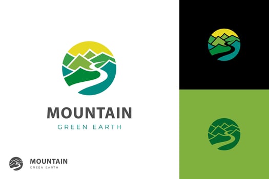mountain river and green earth logo design vector