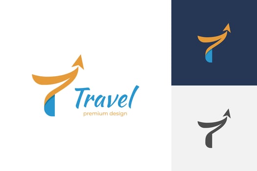 Initial letter T for travel logo design. initial t letter and flight plane graphic idea for travel agency logo concept vector