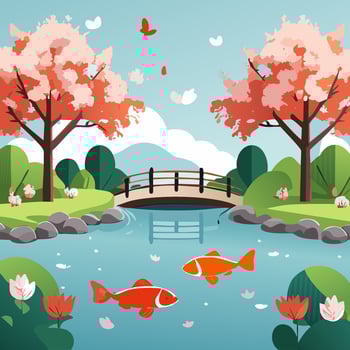 Flat design style illustration of landscape with pond, bridge and fish. vector