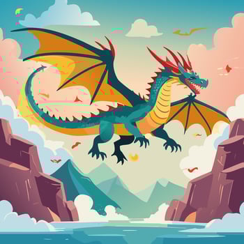 Fantasy dragon flying over the mountains and river. 3d illustration. vector