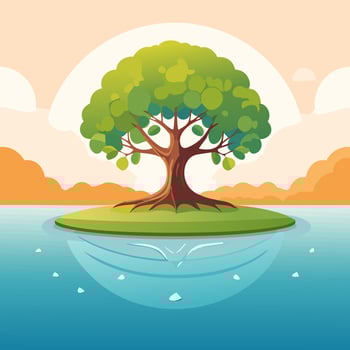 Tree on the island in the sea. illustration of a cartoon style. vector