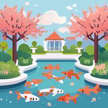 Koi fish garden illustration. Flat style design with pond, pavilion, pond and cherry blossoms. vector