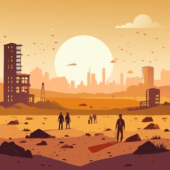 illustration of the city landscape with people walking in the desert. vector