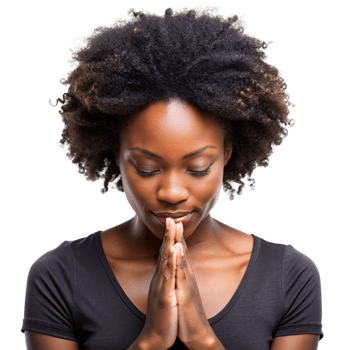 Young Woman Praying with Hands Together, Eyes Closed, in Peaceful Reflection cut out isolated PNG transparent