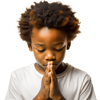 Young Child in Deep Prayer with Hands Clasped, Wearing White Shirt cut out isolated PNG transparent