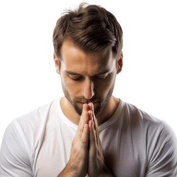 Young man praying with closed eyes in deep contemplation cut out isolated PNG transparent