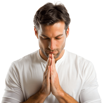 Meditative Man in White Shirt Praying with Hands Together cut out isolated PNG transparent