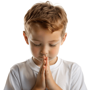 Young boy praying with hands clasped in reverence, wearing white shirt cut out isolated PNG transparent