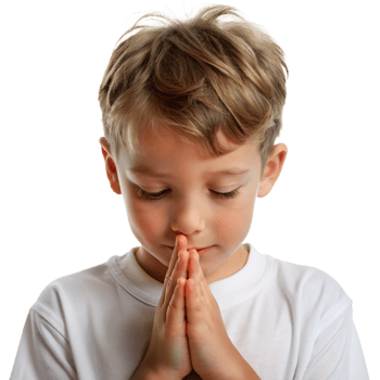 Young boy praying with closed eyes and clasped hands in a serene moment cut out isolated PNG transparent