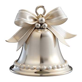 Elegant Silver Christmas Bell with Ribbon and Beads, cut out isolated PNG transparent