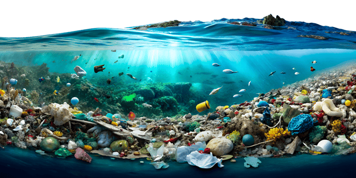 Underwater Pollution with Marine Life and Plastic Waste in the Ocean cut out png on transparent background