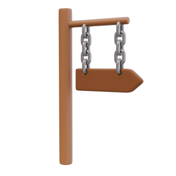 3d render illustration of signpost with arrow on a metal chain. Wooden signboard. Direction pointer, divarication guidepost. Isolated object png