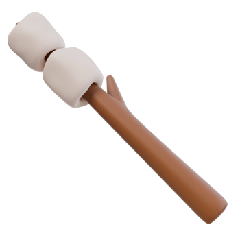 3d render illustration of roasted marshmallow on stick. camping concept, travel, hiking. Isolated object png