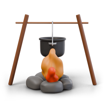 3d render illustration of campfire with stone and cooking pot with shadow. Camping picnic, tourism concept. Isolated object png
