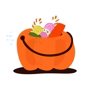 Halloween day. Trick or Treat postcard design on a white background. Halloween orange pumpkin basket with sweets and candies. flat illustration vector