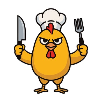 Rooster chicken chef with knife and fork cartoon illustration vector